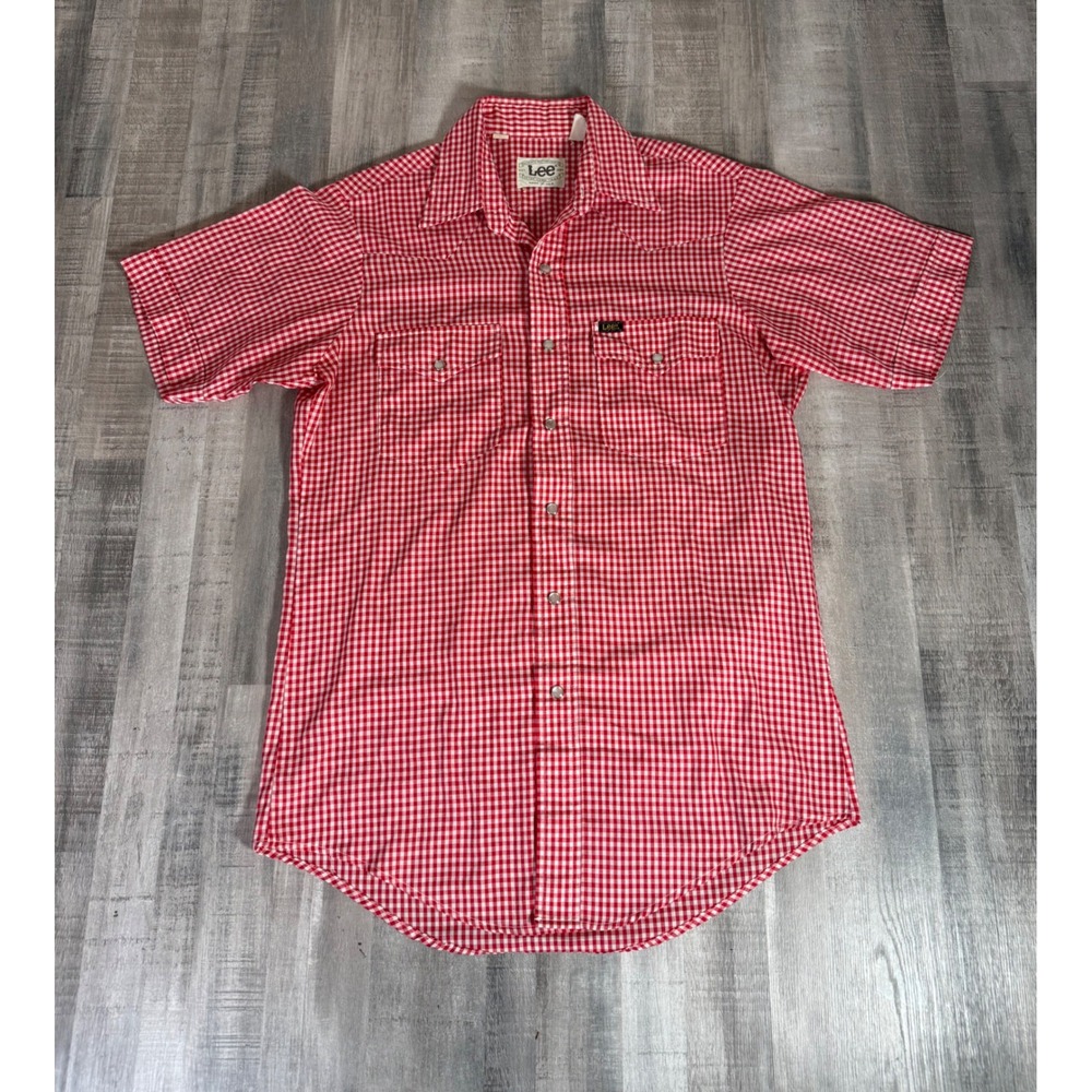 Vintage Lee 60s Western Shirt Mens Medium Red Plaid Pearl Snap Short Sleeve